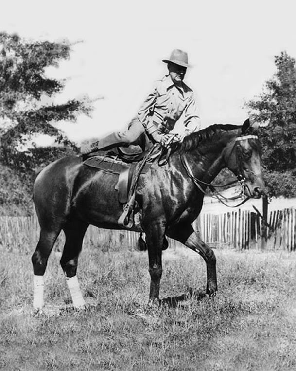 After he retired from racing, Seabiscuit lived at Ridgewood Ranch near Willits, California. In this image, we see the Biscuit with Charles Howard, his owner. Image online, courtesy Seabiscuit Heritage Foundation. 