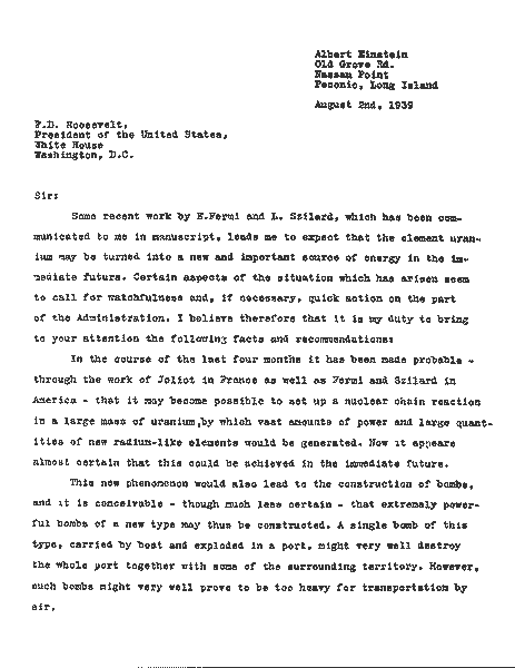 Einstein's Letter to President Roosevelt