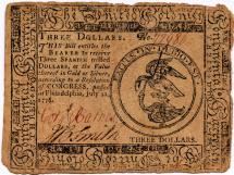 United Colonies Currency - Three Dollar Bill