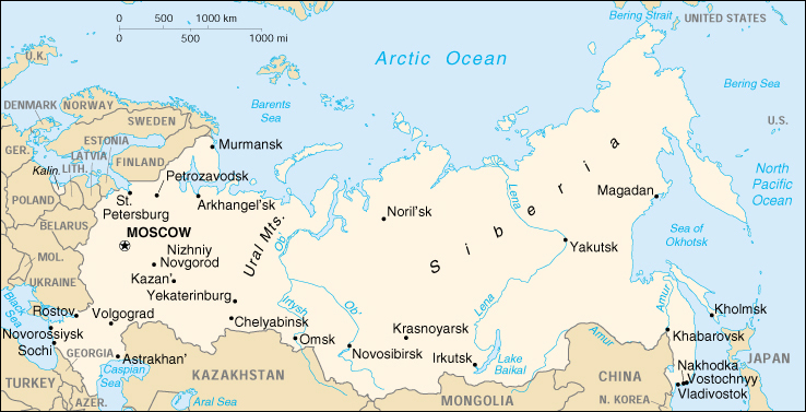 Map Showing Ural Mountains and Siberia