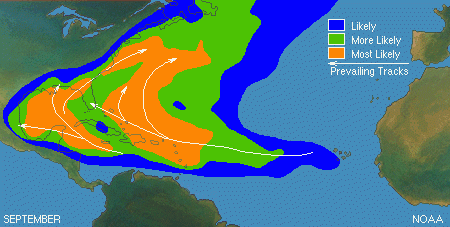 NOAA - Hurricane Prevailing Tracks For Month Of September