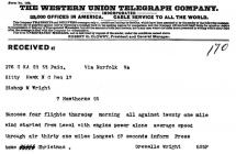 Orville Wright's Telegram from Kitty Hawk