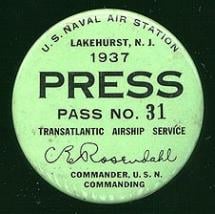 Lakehurst Press Pass - Report on Hindenburg